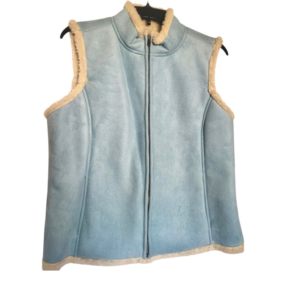 Charter Club Women Light Blue Suede Zip Vest Sherpa Lining Pockets Large NWT Vtg